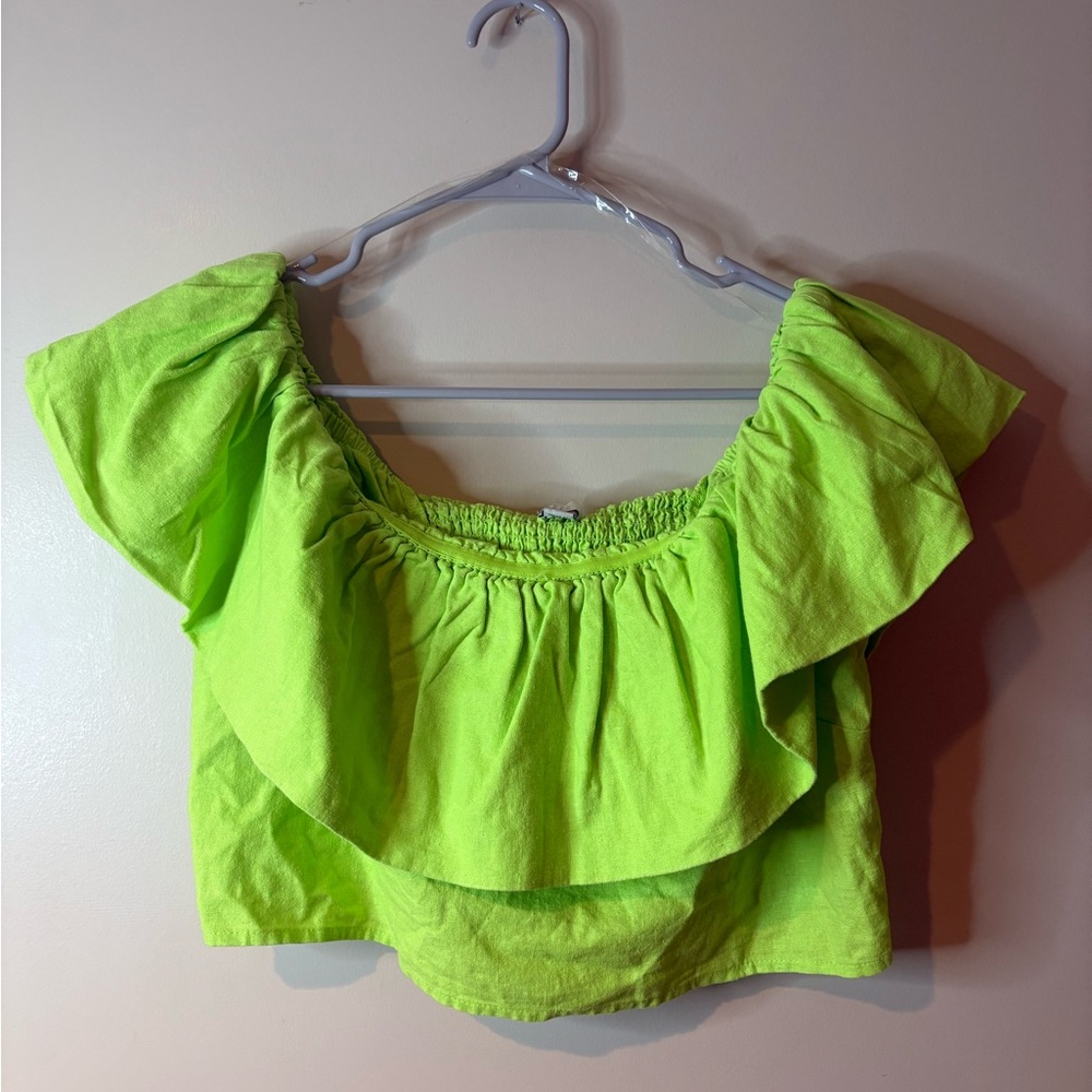 Off-Shoulder Ruffle Crop Top - Lime Green